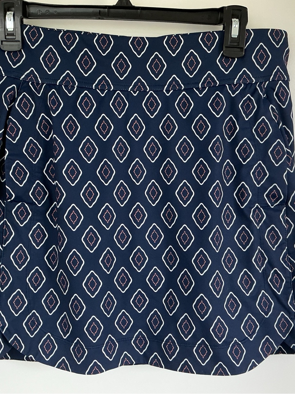 Belyn Key Navy Pencil Skirt with White and Pink Diamond Pattern
